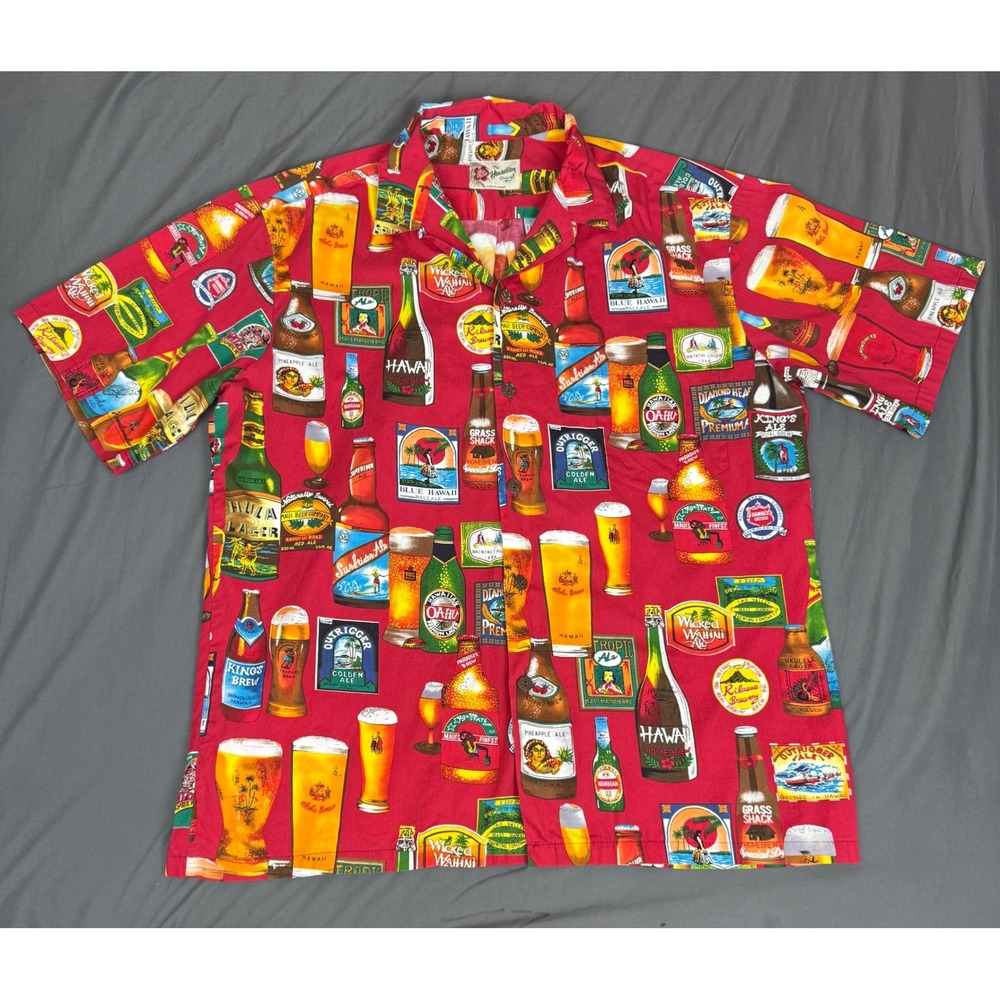 Vintage Hilo Hattie Hawaiian Shirt Mens Large Red Beer Labels Cotton Poplin USA
